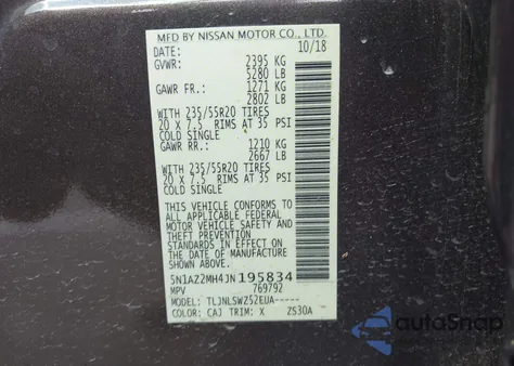 2018 Nissan Murano Platinum из США, поврежденный, VIN 5N1AZ2MH4JN195834